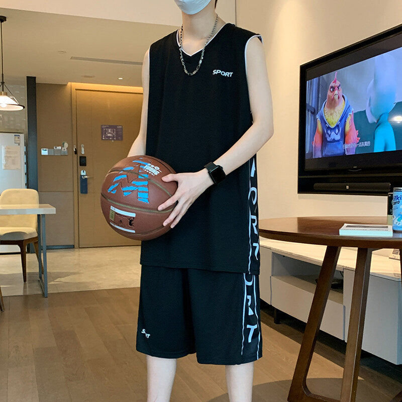 Premium Basketball Sportswear Set , Short Sleeve Athletic Vest & Leisure Shorts for Men