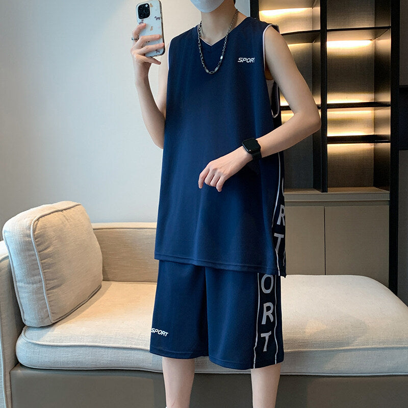 Premium Basketball Sportswear Set , Short Sleeve Athletic Vest & Leisure Shorts for Men