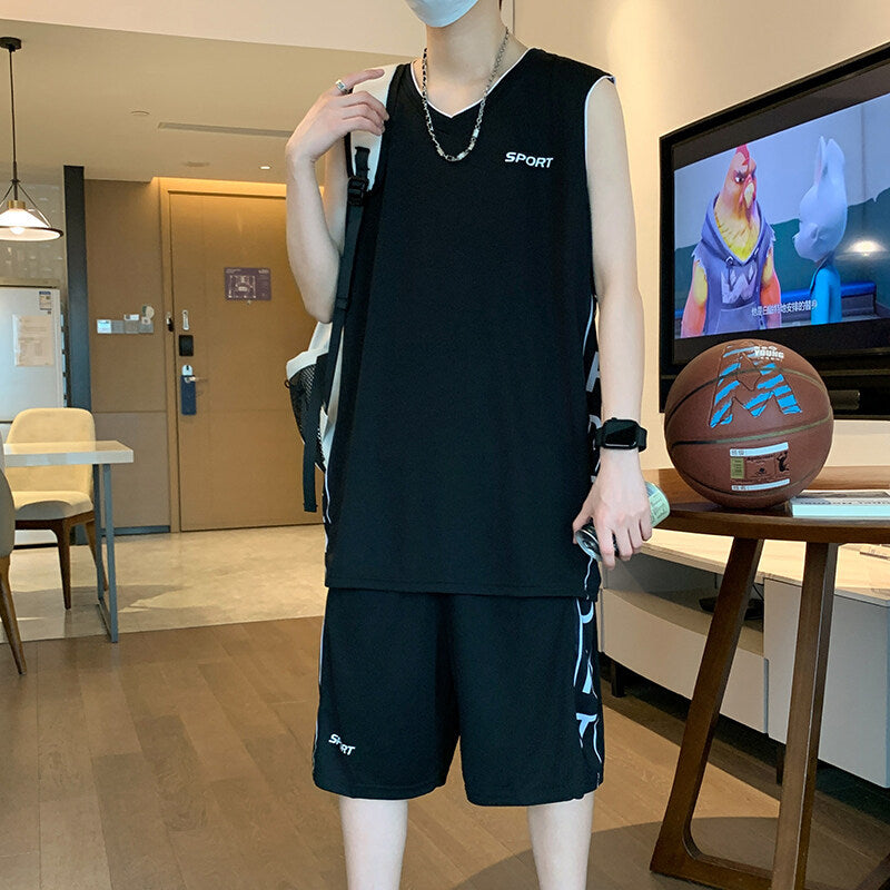 Premium Basketball Sportswear Set , Short Sleeve Athletic Vest &amp; Leisure Shorts for Men